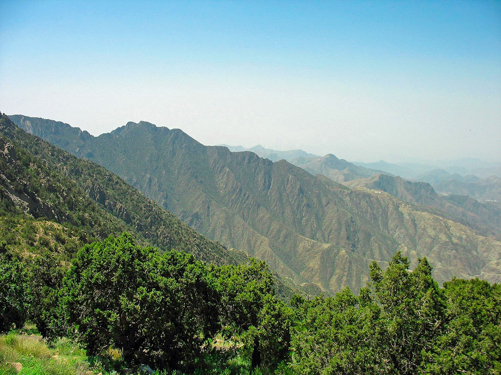جبال وسماء وعشب اخضر يمثل متنزه عسير الوطني و جبل السودة في ابها السعودية